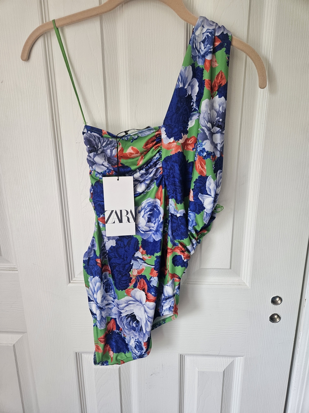Zara Floral One-Shoulder Camisole in Blue, Green & Red
